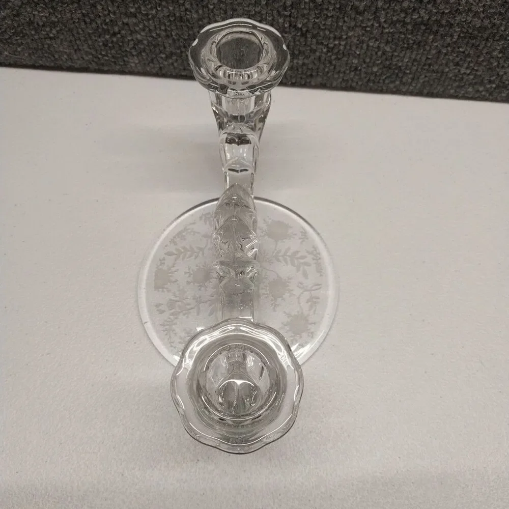 Vintage Clear Glass Double Votive Candle Holder Floral Etched Base Candelabra